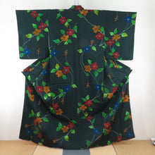 Load image into Gallery viewer, Small pattern, flower pattern, green color x multicolor, slit collar, silk, ready-made kimono, length 161cm
