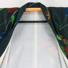 Load image into Gallery viewer, Small pattern, flower pattern, green color x multicolor, slit collar, silk, ready-made kimono, length 161cm