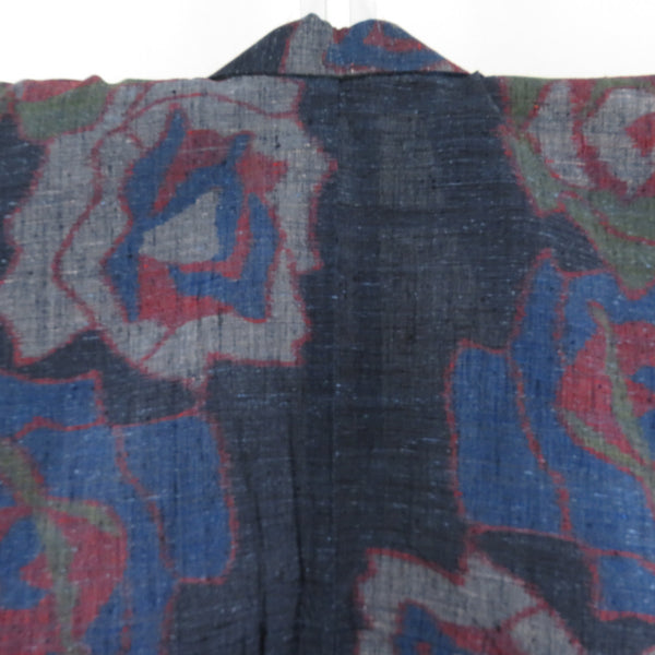 紬 着物 単衣 夏用 薔薇模様 紺色ｘ緑色ｘ灰色  バチ衿 絹 仕立て上がり着物 身丈152cm 【キモノオフ野々市若松店】 紬 着物 単衣 夏用 薔薇模様 紺色x緑色x灰色 バチ衿 絹 仕立て上がり