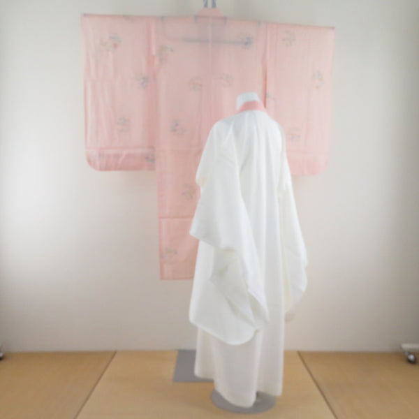 子供着物 女の子用 夏用 絽 四つ身 襦袢セット 花模様 薄ピンクx白x