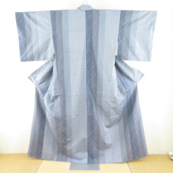 紬 着物 大島紬 青色x灰色 縞模様 広衿 正絹 仕立て上がり着物【中古