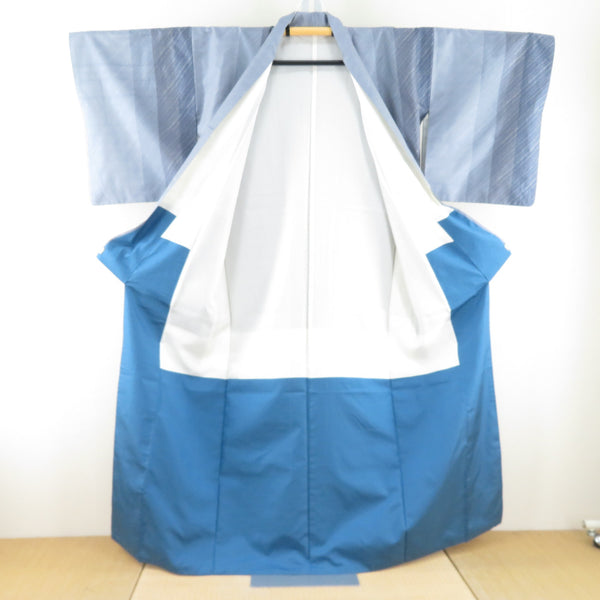 紬 着物 大島紬 青色x灰色 縞模様 広衿 正絹 仕立て上がり着物【中古 紬 着物 大島紬 青色x灰色 縞模様 広衿 正絹 仕立て上がり着物【中古