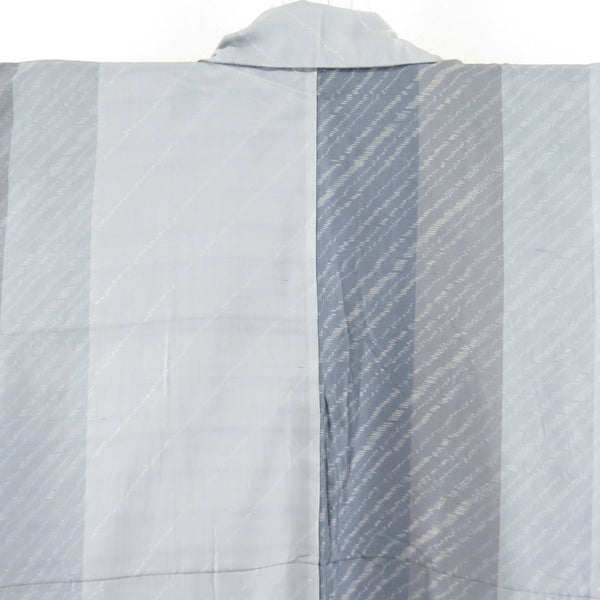 紬 着物 大島紬 青色x灰色 縞模様 広衿 正絹 仕立て上がり着物【中古