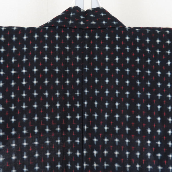 木綿着物 アンティーク 木綿 単衣 絣模様 バチ衿 紺色x赤色x白色