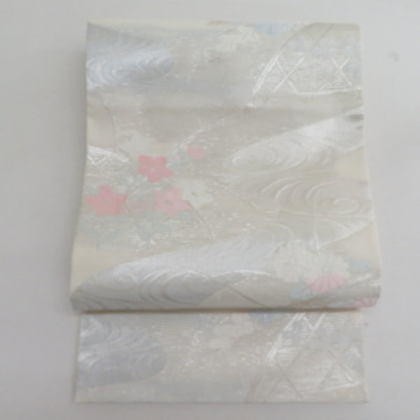 B4 菱形に花模様 銀糸 市松 菊 露草 六通 正絹 薄物 夏用 絽 紗 袋帯 菱形に花模様 銀糸 市松 菊 露草 六通 正絹 薄物 夏用 絽 紗