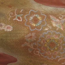 Load image into Gallery viewer, 西陣織 袋帯 西陣織 証紙付き 蘇州刺繍 スワトウ刺繍 流水に菊や華紋文様 茶色xゴールド色 お太鼓柄 正絹 フォーマル 仕立て上がり 着物帯 長さ424cm