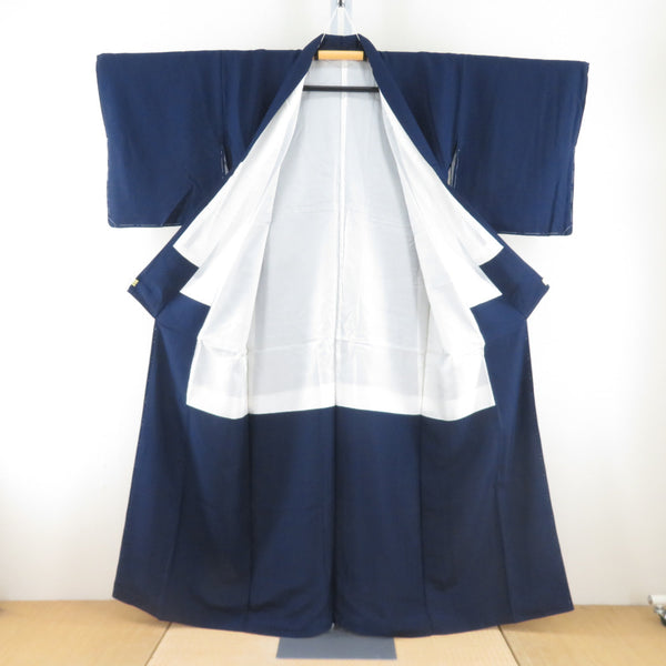 紬 着物 無地 紋なし 袷 広衿 紺色 正絹 カジュアル 仕立て上がり 身丈
