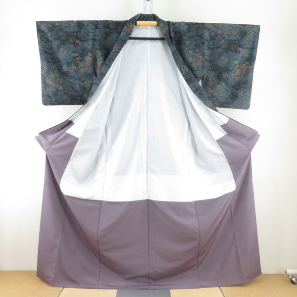 小紋 ポリエステル 袷 黒x紺色x深緑色 風景に鳥模様 広衿 仕立て
