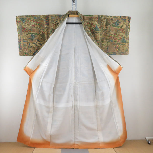 小紋 袷 黄色x緑色x多色 切嵌模様 正絹 広衿 仕立て上がり着物【中古
