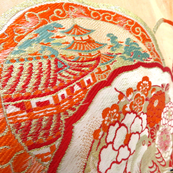 名古屋帯 アンティーク帯 昔名古屋帯 オレンジ 白 赤 金 黒 ピンク 鏡