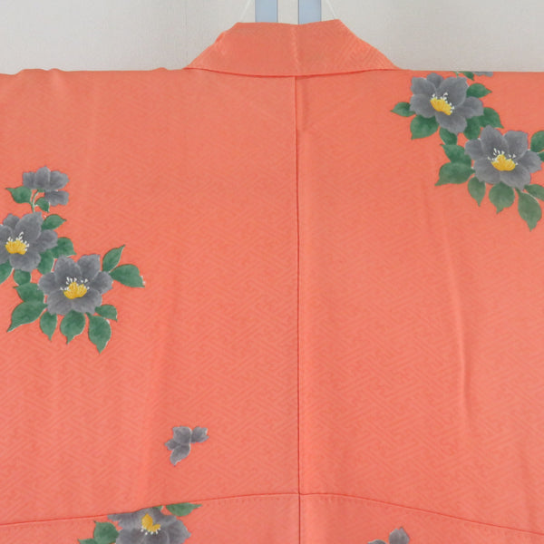 子供着物 オレンジ色ｘ緑色 バチ衿 花模様 女児用 絹 身丈151cm 【キモノオフ野々市若松店】 子供着物 オレンジ色x緑色 バチ衿 花模様 女児用 絹【中古