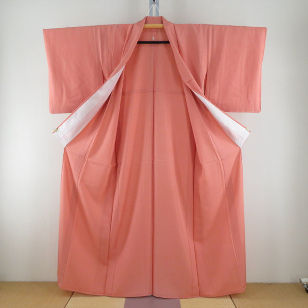 夏着物 色無地 絽 広衿 正絹 サーモンピンク 一つ紋 蔦紋 夏用