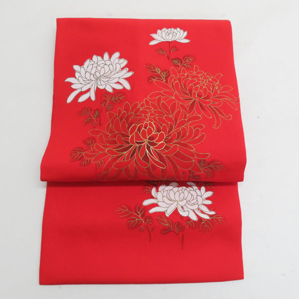 名古屋帯 正絹 塩瀬 赤地 赤色x白色x金色 金糸 刺繍入り 菊模様 名古屋帯 正絹 塩瀬 赤地 赤色x白色x金色 金糸 刺繍入り 菊模様