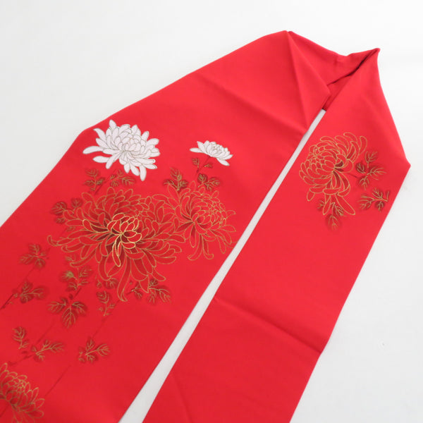 名古屋帯 正絹 塩瀬 赤地 赤色x白色x金色 金糸 刺繍入り 菊模様