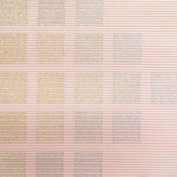 名古屋帯 絹 絽 夏用 四角文様 薄ピンク色x金色x銀色 金糸銀糸