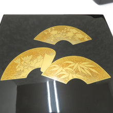 画像をギャラリービューアに読み込む, 骨董・民芸品 輪島塗 月峰 重箱 二段重 御重 小重台付 扇面四君子蒔絵 黒 漆器 能登輪島 共箱有