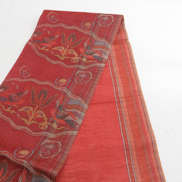 袋帯 洒落袋帯 すくい織り 赤茶系 朱色x黄色x多色 エスニック調 鳥に