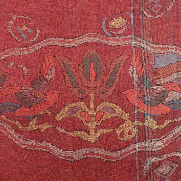 袋帯 洒落袋帯 すくい織り 赤茶系 朱色ｘ黄色ｘ多色 エスニック調 鳥に花模様 六通柄 正絹 仕立て上がり 着物帯 【キモノオフ野々市若松店】 袋帯 洒落袋帯 すくい織り 赤茶系 朱色x黄色x多色 エスニック調 鳥に