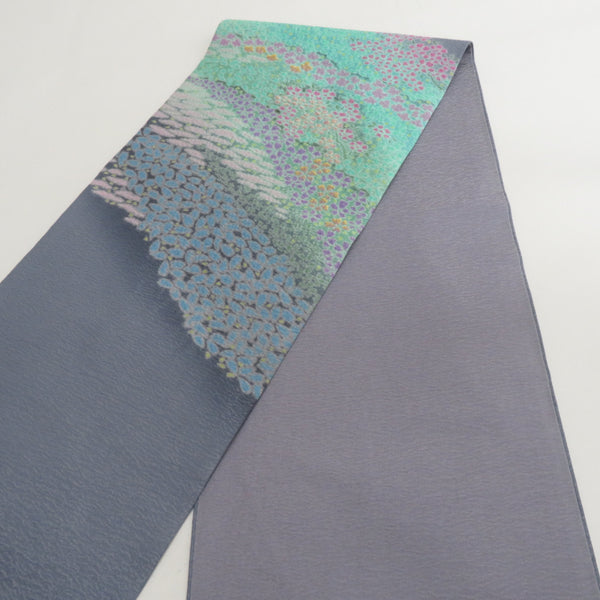 袋帯 洒落袋帯 辻が花 滝泰 落款入り グレーxライトグリーンx多色