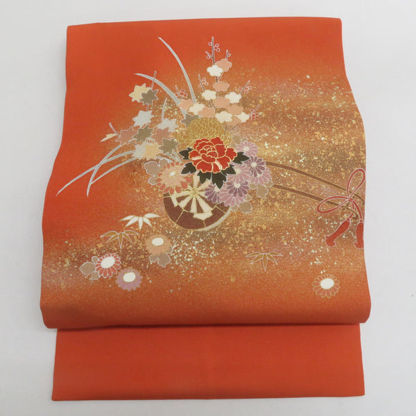 最大８０％ｏｆｆ◆正絹西陣名古屋帯（高嶋織物）◆オレンジ地に本金箔に御所車柄no123 名古屋帯 正絹 塩瀬 オレンジ地 オレンジ色x薄黄色x薄緑色 花車模様