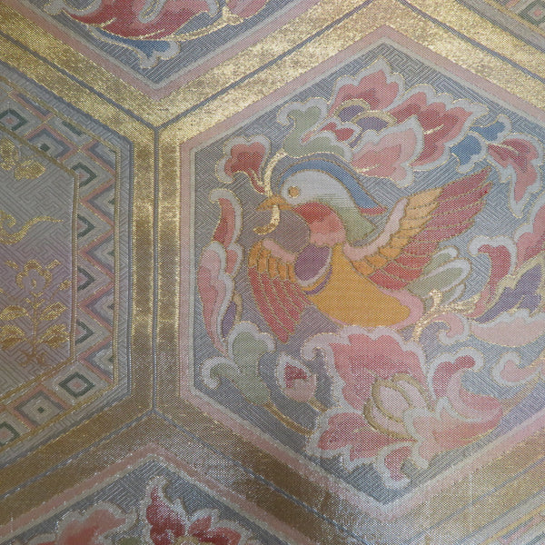 袋帯 佐賀錦 野々村織物 亀甲に鳥文 金糸銀糸 多色 正絹 仕立て上がり