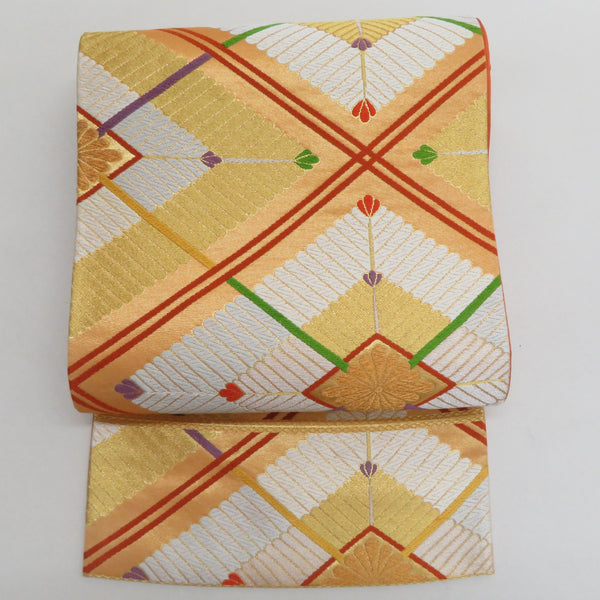 袋帯 六通柄 ゴールドx黄色x多色 カラフル 金糸 菱型に菊文様 正絹