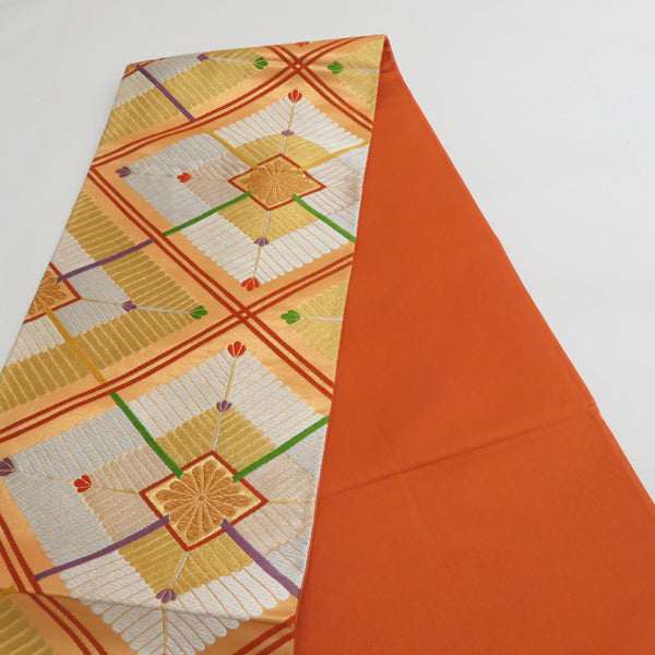 袋帯 六通柄 ゴールドx黄色x多色 カラフル 金糸 菱型に菊文様 正絹