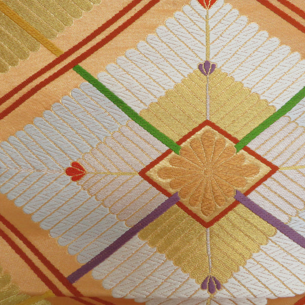 袋帯 六通柄 ゴールドx黄色x多色 カラフル 金糸 菱型に菊文様 正絹