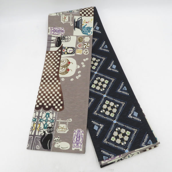 半幅帯 WAKKA ワッカ 猫カフェ クッキー柄 正絹 グレーxネイビー