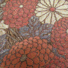 Load image into Gallery viewer, 袋帯 金糸銀糸 六通柄 すくい織 稲妻に秋の花々文様 茶色xゴールド 正絹 仕立て上がり 長さ440cm