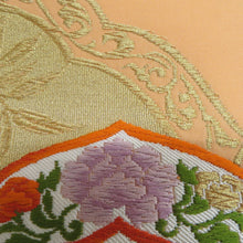 Load image into Gallery viewer, 名古屋帯 正絹 ライトオレンジx多色 刺繍入り 金糸 お太鼓柄 華文紋様 仕立て上がり 着物帯 長さ369cm