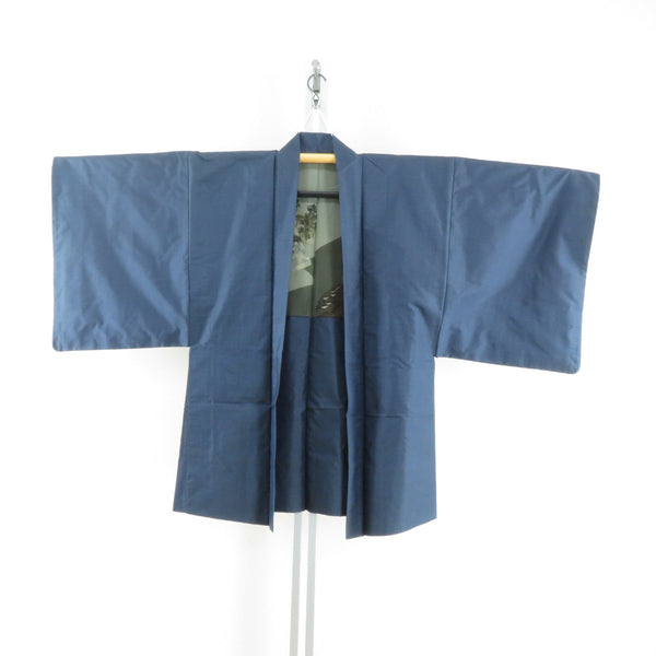 男着物 紬 アンサンブル 袷 黒色x紺色 正絹 男性用きもの 羽織 セット