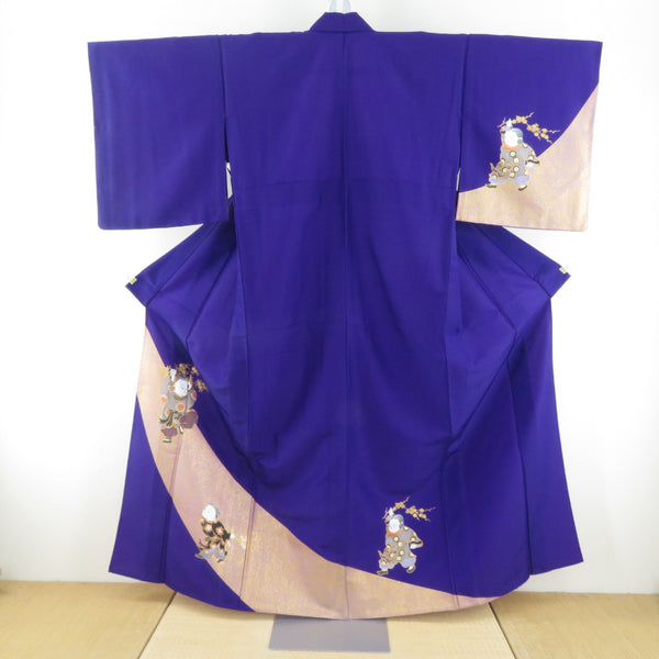 付下げ 単衣 ポリエステル 濃い紫色ｘ金色 童子紋様 踊り用 ステージ用 舞台用 バチ衿 仕立て上がり 身丈158cm 【キモノオフ野々市若松店】 付下げ 単衣 ポリエステル 濃い紫色x金色 童子紋様 踊り用 ステージ用