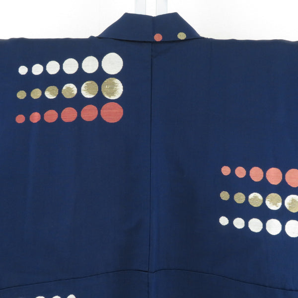 御召 アンティークレトロ 水玉模様 紺色x赤色 正絹 袷 バチ衿