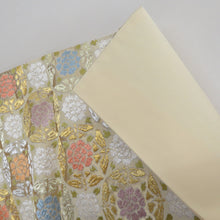 画像をギャラリービューアに読み込む, 袋帯 正絹 クリーム色x金色x多色 蝶々に花紋 パステル系 六通柄 金糸銀糸 フォーマル 礼装 長さ448cm