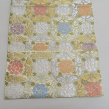画像をギャラリービューアに読み込む, 袋帯 正絹 クリーム色x金色x多色 蝶々に花紋 パステル系 六通柄 金糸銀糸 フォーマル 礼装 長さ448cm