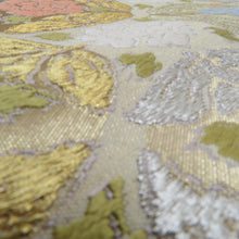 画像をギャラリービューアに読み込む, 袋帯 正絹 クリーム色x金色x多色 蝶々に花紋 パステル系 六通柄 金糸銀糸 フォーマル 礼装 長さ448cm