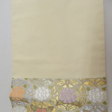 画像をギャラリービューアに読み込む, 袋帯 正絹 クリーム色x金色x多色 蝶々に花紋 パステル系 六通柄 金糸銀糸 フォーマル 礼装 長さ448cm