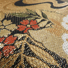 画像をギャラリービューアに読み込む, 袋帯 正絹 金色x黒色x多色 丸文に花鳥蝶々 ゴールド系 六通柄 金糸 フォーマル 礼装 長さ432cm