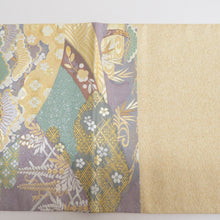画像をギャラリービューアに読み込む, 袋帯 正絹 パステル系 螺鈿入り 緑色x紫色x金色 流水に切嵌の吉祥模様 六通柄 金糸 フォーマル 礼装 長さ456cm