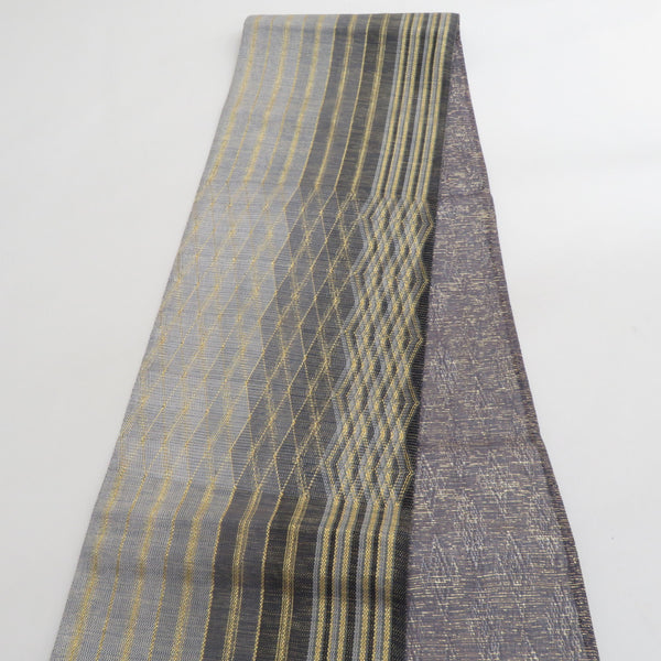 袋帯 正絹 黒色x灰色x金色 金糸 網織り 幾何学模様 菱型模様 お太鼓