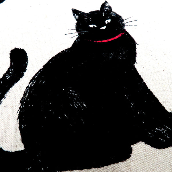 名古屋帯 綿 ベージュ系 黒猫文様 全通柄 カジュアル 仕立て