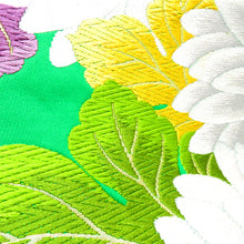Load image into Gallery viewer, 袋帯 緑 金 白 紫 青 オレンジ 茶 クリーム 薄ピンク 多色 間垣 花々 六通柄 正絹 仕立上がり フォーマル 長さ429.5cm