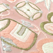 Load image into Gallery viewer, 袋帯 ピンク 金 白 銀 毘沙門亀甲調 鶴 宝文様 刺繍 六通柄 正絹 仕立て上がり フォーマル 長さ421cm