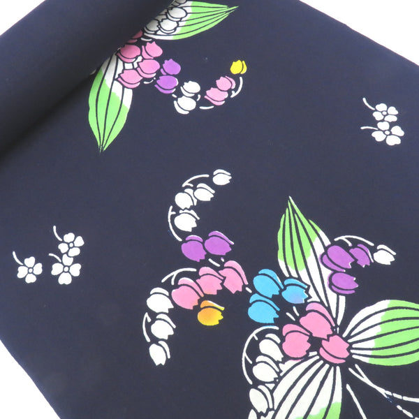 反物 浴衣反物 紺地 花・葉 綿100％ 未仕立て 糸留めあり 和裁練習用