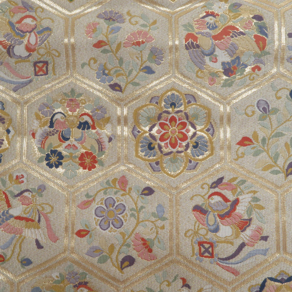 袋帯 正絹 金色x多色 亀甲に花鳥文 金糸 六通柄 礼装 フォーマル 長さ