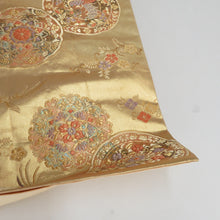 画像をギャラリービューアに読み込む, 袋帯 正絹 丸文に鳳凰紋様 金糸 ゴールド系 六通柄 フォーマル 礼装 長さ440cm