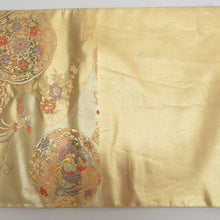 画像をギャラリービューアに読み込む, 袋帯 正絹 丸文に鳳凰紋様 金糸 ゴールド系 六通柄 フォーマル 礼装 長さ440cm