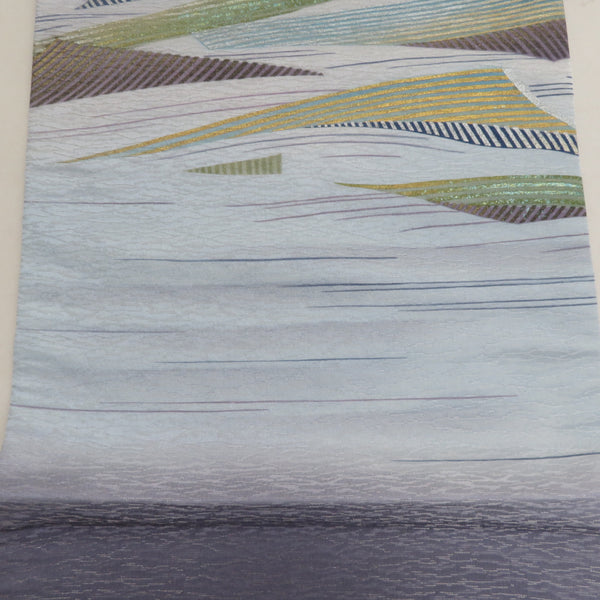 袋帯 正絹 金糸銀糸 椿に鳥模様 お太鼓柄 フォーマル 仕立て上がり 長さ448cm 【キモノオフ野々市若松店】 袋帯 正絹 紫色x緑色 ぼかし 銀糸 パステル系 波模様 お太鼓柄