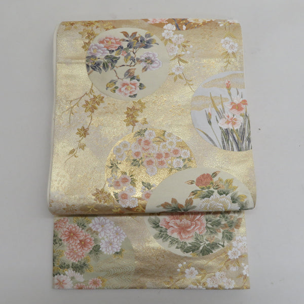 袋帯 正絹 金糸 ゴールド系 丸に季節の花々文様 金色ｘ多色 六通柄 フォーマル 礼装 長さ432cm【中古】 【キモノオフ野々市若松店】 袋帯 正絹 金糸 ゴールド系 丸に季節の花々文様 金色x多色 六通柄
